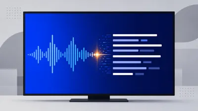 Ilustración abstracta de ondas de audio convirtiéndose en líneas de subtítulos dentro de una pantalla, en tonos cobalto con un acento ámbar.