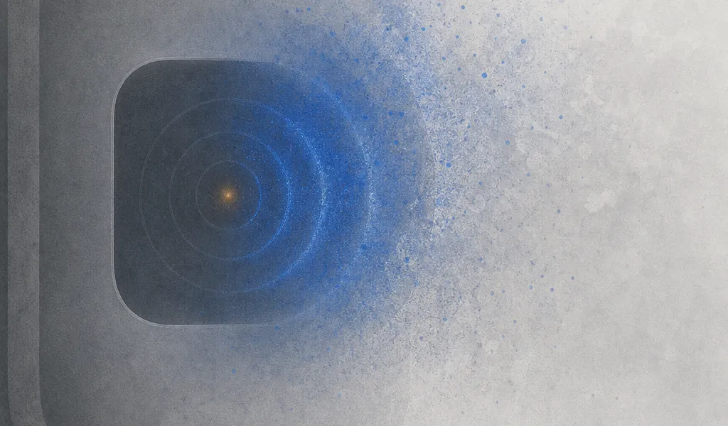 Ondas de sonido en cobalto disolviéndose sobre un fondo neutro frío, con una chispa ámbar apagándose en el centro.