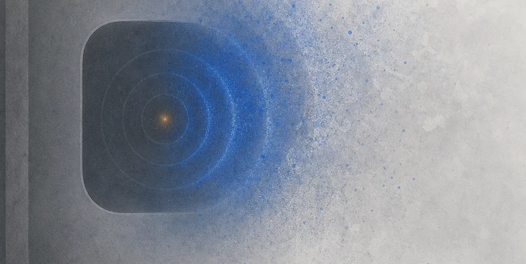 Ondas de sonido en cobalto disolviéndose sobre un fondo neutro frío, con una chispa ámbar apagándose en el centro.