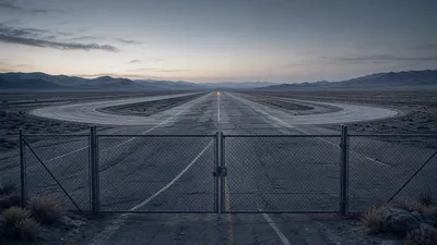 Una pista de pruebas vacía en el desierto, con una reja cerrada en primer plano y una luz ámbar tenue perdiéndose en el horizonte.