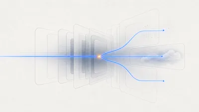 Composición editorial abstracta sobre fondo de neutros fríos: formas geométricas que sugieren un nuevo sistema operativo desplegándose, con un trazo de luz cobalto que se ramifica y una chispa ámbar como punto de calor.