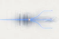 Composición editorial abstracta sobre fondo de neutros fríos: formas geométricas que sugieren un nuevo sistema operativo desplegándose, con un trazo de luz cobalto que se ramifica y una chispa ámbar como punto de calor.